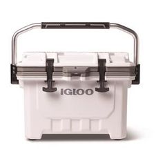 the igloo cooler is white with black handles