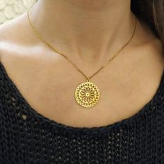 Mandala Necklace, Gold Mandala, Flower Charm Necklace, Hamsa Pendant, Hamsa Necklace, Hand Necklace, Mandala Flower