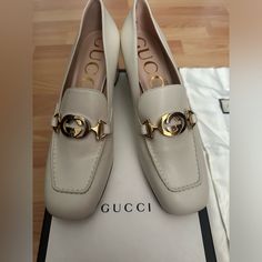 This Is An Authentic Brand New Gucci Heels In The Size 40.5 These Are Super Cute Goes For $890 Not Including Tax White Leather Gucci Loafers, Formal Heels With Horsebit Detail And Block Heel, Gucci Block Heels In Calf Leather, Gucci Luxury Block Heel Heels, Gucci Luxury Block Heel Shoes, Gucci Calf Leather Block Heels, Gucci Block Heel Calf Leather Heels, Luxury Gucci Block Heels, Luxury Low Heel Calf Leather Court Shoes