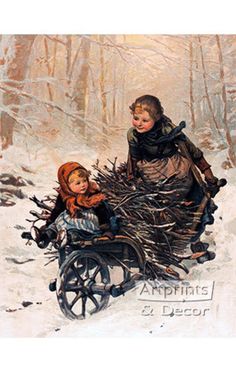 an old fashioned christmas card with two children on a sleigh