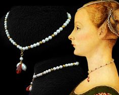 "Italian Renaissance Necklace inspired on a late 15th century portrait of Piero Pollaiuolo. The most original and beautiful Italian Reenactment Necklace. Perfect Renaissance jewelry for a date, for your historical costume, historical party, or renaissance and medieval event, renaissance faire ... So simple and so elegant. The best combination of colors for your historical suit: White, gold and red. This is one of the simplest reproductions I make, and the one I like the most! It's a necklace tha Baroque Historical Design Necklace For Gift, Baroque Necklace With Historical Design As A Gift, Elegant Costume Jewelry Choker, Elegant Gold Costume Jewelry, Elegant Gold Jewelry For Costume, Elegant Handmade Costume Jewelry, 15th Century Jewelry, 16th Century Jewelry, Medieval Necklace