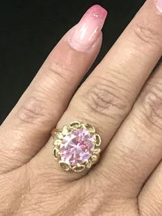 GORGEOUS VINTAGE 14K YELLOW GOLD LARGE PINK STONE RING Very pretty ring crafted of solid 14K Yellow Gold! Band a little bent but does not affect wear. Large pink stone solitaire, 13mm x 11mm Weighs 5.4 grams total. Size 6.25 Shipped with insurance. Pinkity Drinkity, Pink Stone Ring, Black Opal Pendant, Pink Stone Rings, Pretty Ring, Wide Band Ring, Pink Sapphire Ring, Puffed Heart, Ring Crafts