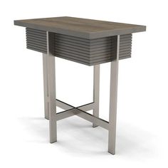 a wooden table with metal legs and a square shaped design on the top, against a white background