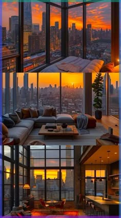 a living room filled with furniture next to large windows overlooking the cityscape at sunset