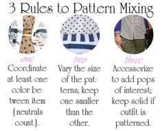 three rules to pattern mixing for different types of clothing and accessories, with the text below them