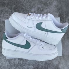 Custom sneakers hand painted authentic white Nike Air Force 1 teal green gray swooshes and back of the sneakers small nike logo on the left sneaker All sneakers are made on order, please allow 2 weeks processing time for your item to be shipped   * Be aware of your sneaker size, please in doubt go to the store first * Sneakers color may vary slightly due to photographic lighting and sources of your screen settings * All our sneakers are protected from water/rain, clean the painted parts with wat Casual Green Nike Air Force 1 With Gum Sole, Green Nike Air Force 1 With Gum Sole, Green Low-top Nike Air Force 1 With Gum Sole, Green Nike Air Force 1 Low-top With Gum Sole, Custom Sneakers Nike, White Nike Air Force 1, White Nike Air Force, White Nike Air, Nike Shoes Air Force