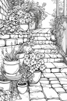 a black and white drawing of some plants in pots on the side of a building