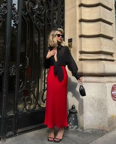 Red Classy Outfits For Women, Maxi Skirt Outfit Party, Red Skirt Styling, Red Dress Casual Outfit, Red Long Skirt Outfit, Red Silk Skirt Outfit, Red Satin Skirt Outfit, Long Red Skirt Outfit, Red Maxi Skirt Outfit