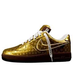 Nike Louis Vuitton x Air Force 1 Low 'Metallic Gold' 1A9VG3 Luxury Nike Sneakers For Sports, Luxury Nike Custom Sneakers For Streetwear, Nike Luxury Leather Sneakers, Nike Gold Leather Custom Sneakers, Gold Nike Leather Custom Sneakers, Gold Leather Nike Custom Sneakers, Luxury Custom Sneakers For Streetwear, Luxury Sports Sneakers, Black And Gold Nike Shoes