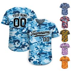 Features: Personalized with your choice of team name, name, number Available in men's, women's, and youth sizes Made of high-quality polyester fabric Durable, breathable, and long-lasting Perfect for sports activities or casual wear Product Description: This personalized camo baseball jersey shirt is a stylish and functional piece that can be worn for both casual and sporty occasions. The classic custom jersey design blends fashion and sport effortlessly, and the customization options allow you Cheap Men's Baseball Jersey With Team Spirit, Blue Varsity Jersey With Team Name, Blue Team Spirit Jersey For College, Blue College Team Spirit Jersey, Blue College Jersey With Team Spirit, Blue College Jersey With Team Spirit Style, Blue Baseball Jersey With Team Name For Game Day, Blue Baseball Jersey With Team Name For Fans, Blue College Baseball Jersey With Letter Print