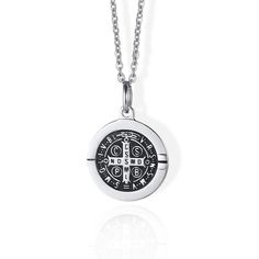 Women's Christian Necklace St Benedict Medal Symbolic Medallion Necklace For Commemoration, Spiritual Cross Pendant Jewelry For Commemoration, Engraved Cross Necklace For Blessing, Symbolic Coin Pendant Necklace For Commemoration, Nickel Free Spiritual Pendant Cross Necklace, Spiritual Compass Pendant Necklace, Silver Cross Necklace With Coin Pendant, Engraved Cross Necklace For Commemoration, Symbolic Round Necklaces For Commemoration