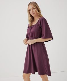 Women's Maroon Luxe Jersey Flutter Sleeve Dress 2XL. Super soft organic women's Luxe Jersey Flutter Sleeve Dress from Wear PACT. Fair Trade Factory. GOTS Certified Made With Organic Cotton Chic Flowy Mini Dress With Flutter Sleeves, Chic Fit And Flare Dress With Flutter Sleeves, Flowy Casual Dress With Flutter Sleeves, Daywear Sundress With Ruffle Sleeves, Short Sleeve Dress With Gathered Neckline For Day Out, Casual Flutter Sleeve Midi Dress For Brunch, Casual Flowy Dress With Butterfly Sleeves, Casual Ruffle Sleeve Day Dresses, Casual Midi Dress With Flutter Sleeves For Brunch