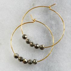 Small Pyrite Beaded Hoop Earrings, Pyrite Hoops, Gunmetal Bead Hoop Earrings, Grey Bead, Gemstone Be Adjustable Gold Hoop Earrings With Faceted Beads, Gold Hoop Beaded Earrings For Pierced Ears, Small Hoop Earrings With Gold Beads As A Gift, Gold Beaded Hoop Earrings Gift, Gold Beaded Hoop Jewelry, Small Hoop Gold Jewelry With Gold Beads, Gold Small Hoop Jewelry With Gold Beads, Elegant Gold Hoop Earrings With Faceted Beads, Small Hoop Beaded Earrings With Faceted Beads For Gift