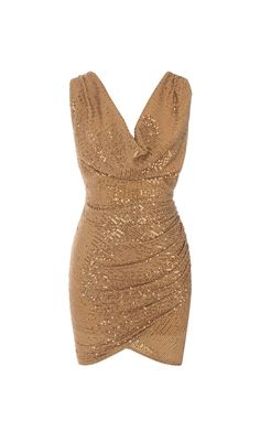 Sequined Jersey Wrap-Effect Mini Dress in GoldAdd a touch of glamour and shine with our Sequined Jersey Wrap-Effect Mini Dress in Gold. This dress is designed to make you the center of attention at any event. The sparkling metallic stretch-jersey fabric catches the light with every move, creating a dazzling effect that is sure to turn heads.Features: Plunging neckline for a sultry and elegant look Fitted waist that accentuates your curves Draped, wrap-effect skirt for added flair Whether you're Gold Sleeveless Mini Dress For Night Out, Gold Sleeveless Mini Dress For Party, Gold V-neck Sequin Dress For Formal Occasions, Gold Sleeveless Mini Dress For Cocktail Events, Gold Mini Bodycon Dress For Holidays, Gold Mini Bodycon Holiday Dress, Gold Mini-length Bodycon Dress For Holidays, Gold V-neck Mini Dress For Formal Occasions, Gold Mini Length Holiday Bodycon Dress