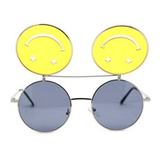 Here is something truly unique and a fun summer sunglasses with super vintage vibe flip up lens with die cut smiley face. Hippie round circle sunglasses with both inner lenses and out lenses tinted with colorful pop colors. They are 100% UV400 polycarbonate lenses. (b957) Size: 5 1/2" (140mm) x 2 1/8" (54mm).  Color: Yellow.  Gender: unisex.  Age Group: adult. Spacecore Accessories, Funky Sunglasses Aesthetic, Clown Glasses, Weird Sunglasses, Smiley Face Clothing, Crazy Sunglasses, Hippie Sunglasses, Fun Sunglasses, Fall Sunglasses