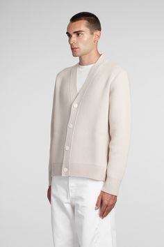 Cardigan in beige wool, V neck, long sleeves, ribbed cuffs and bottom, 70% wool 30% cashmere, Made in Turkey, Model is 183 cm and wears size L | Lanvin Men's Cardigan in Beige Wool | FW23/24 Lanvin Men, Mens Cardigan, White Cardigan, Uniqlo, Lanvin, Cashmere, V Neck, Wool, Mens Outfits