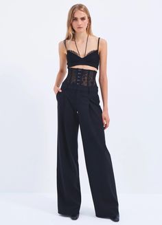 Lace Bustier Trousers in Black Lace Pants, Digital Closet, Lace Bustier, Fits Inspo, Bustier Top, Cropped Style, Waist Pants, Winter Sale, Fashion Classy