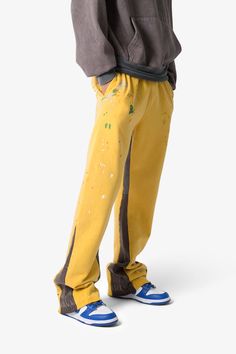 Contrast Bootcut Sweatpants - Yellow Spring Streetwear Bottoms With Contrast Color, Streetwear Straight Leg Pants With Contrast Color, Straight Leg Pants With Contrast Color For Streetwear, Contrast Wide Leg Cotton Bottoms, Contrast Cotton Wide Leg Bottoms, Casual Bottoms With Contrast Color For Spring, Color Block Cotton Jeans For Streetwear, Casual Wide Leg Color Block Jeans, Casual Color Block Wide Leg Jeans