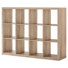 a wooden bookcase with six shelves on each side