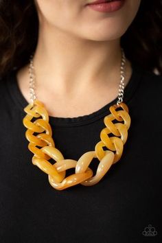 Opens in a a faux marble finish, yellow acrylic links gradually increase in size as they link below the collar. Mask Chains, Mama Necklace, Body Accessories, Glasses Chains, Marble Finish, Yellow Necklace, Feeling Pretty, Nickel Free Jewelry, Chunky Chain Necklaces