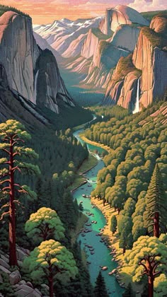 a painting of mountains, trees and a river in the foreground is an orange sky