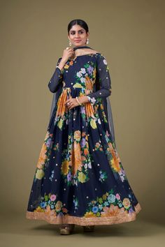 Navy Blue Color Georgette Fabric Alluring Digital Printed Anarkali Sui Elegant Anarkali, Printed Anarkali Suits, Printed Kurti Designs, Anarkali Dresses, Printed Anarkali, Embroidered Anarkali, Fabric Navy, Simple Sarees, Salwar Kameez Online