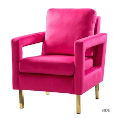 one (1) modern armchair，assembly required. High-density foam filling with a solid wood frame provides comfort and support.. The stunning modern accent chair with square open-framed arm is the perfect addition to any space.. 14 Karat Home Casual Fushia Velvet Accent Chair in Red | CHM0014-FUSHIA White And Pink Interior, Upholstery Armchair, Velvet Accent Chair, Velvet Accents, Color Interior, Upholstered Armchair, Pink Home Decor, Bedroom Vanity, Modern Accent Chair