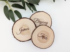 three wooden slices with names on them