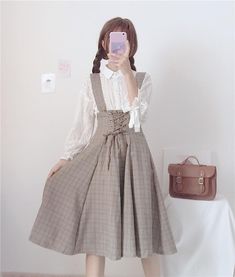 Academia Pinafore Dress, Kawaii Pinafore Skirt, Cleo Pinafore Dress, Light Academia Fashion, Light Academia Outfit, White Lace Shirt, Academia Outfits, Academia Style, Dark Academia Fashion