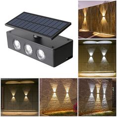 solar powered motion sensor light with 4 lights on each side and four different images in the background