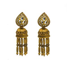 22K Yellow Gold Necklace & Jhumki Earring Set W/ Kundan on Pear Shape Accents & Raining Jhumki Designs for women. This elaborate antique finished design features a v-neck necklace with Kundan on pear shaped accents along with and Jhumki drops with raining details. The earrings have screw back posts for easy wear. The necklace is 15 inches long with a width range of 2.5-17.5 mm. The pendant is 72 mm long and 20 mm wide. Each earring is 54 mm long and 15.5 mm wide. This decadent set has a total go Neck Necklace, 22k Gold Necklace, Jhumki Earrings, Yellow Gold Necklace, Gold Bead Necklace, Antique Finish, 22k Gold, Necklace Earring Set, Pear Shape