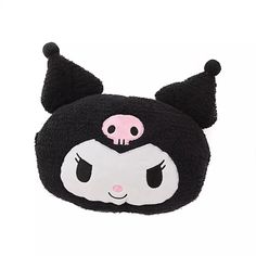 a black and white hat with a pink skull on the front, it's ears are