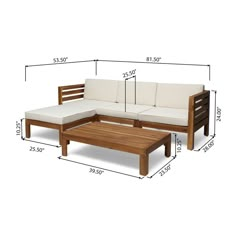 a wooden couch and coffee table with measurements for the seat height, including the back cushions