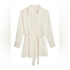 Short Ivory Silk Robe Elegant White Blouse For Loungewear, Elegant Blouse With Tie Waist For Brunch, Elegant Winter White Tops For Workwear, Elegant Off-white Tops For Work, Elegant Winter White Workwear Tops, Elegant White Top With Tie Waist, Spring White Blouse With Tie Waist, Chic White Blouse With Tie Waist, Chic White Tops With Tie Waist