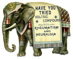 an elephant holding a sign that says have you tried voltatic compound to rheumaism and neuragil