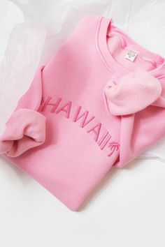 Embroidered Hawaii Sweatshirt/ Hawaii Crewneck/ The Aloha State Sweatshirt / Unisex Crewneck / Embroidered State Sweatshirt Pink Crew Neck Top For Winter, Winter Crew Neck Pink Top, Winter Pink Crew Neck Top, Pink Letter Print Crew Neck Sweater, Crew Sweater With Embroidered Logo For Loungewear, Crew Neck Sweater With Embroidered Logo For Loungewear, Pink Crew Neck Sweater With Ribbed Cuffs, Casual Pink Crew Neck Sweater, Pink Relaxed Fit Crew Neck Sweater