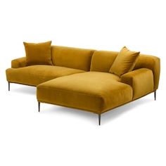 a yellow couch with two pillows on it and one arm extended to the back end