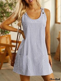 Olivia Mark - Striped Sleeveless Button-Down Dress with Round Neckline and Pockets Dresses With Tennis Shoes, Suspenders Casual, Button Suspenders, Casual Couture, Sleeveless Dresses Casual, Striped Sleeveless Dress, Striped Mini Dress, Interview Outfit, Crewneck Dress