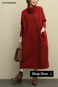 Women Casual High Neck Thicken Knitted Winter Maxi Dresses Long Sleeve Red Winter Dress, Non-stretch Long Sleeve Sweater Dress, Casual Red Sweater Dress For Winter, Red Non-stretch Dress For Fall, Casual Long Sleeve V-neck Dress For Fall, Winter Long Sleeve Stretch Dress In Solid Color, Stretch Long Sleeve Dress For Winter, Casual V-neck Long Sleeve Dress For Fall, Red Non-stretch Winter Dress