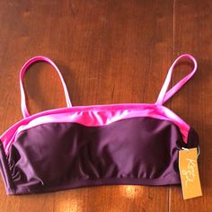 Women's Colorblock Bandeau Bikini Top Kona Sol Burgundy Size M(8-10) Nwt Square Neck Spaghetti Adjustable Straps Removable Pads 3positions For Band Gold Tone Hardware Side Boning 6 3/4”Width At Bust 13 1/2” Across Lowest Front Flat 83% Polyester/ 17% Spandex Upper Front Body 82% Nylon 18% Spandex Rest Of Body 100% Polyester Lining Hand Wash Cold/ Line Dry Tropical Swimsuits, Dark Purple Color, Dark Purple, Purple Color, Square Neck, Pink Purple, Hot Pink, Adjustable Straps, Hand Wash