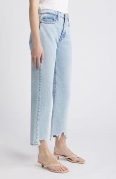 The vintage inspo comes through in these frayed wide-leg jeans that are fitted through the hips and made from premium non-stretch denim. 25 1/2" inseam; 17" leg opening; 11 1/2" front rise; 14" back rise (size 29) Zip fly with button closure Five-pocket style 100% recycled cotton Dry clean Imported Spring Flare Jeans In Rigid Denim With Standard Cut, Medium Wash Flare Jeans With Frayed Hem, Trendy Rigid Denim Flare Jeans With Frayed Hem, Trendy Flare Jeans With Frayed Hem In Rigid Denim, Summer Cropped Jeans With Frayed Hem In Rigid Denim, Spring Rigid Denim Jeans With Frayed Hem, Rigid Denim Jeans With Frayed Hem, Classic Cropped Leg Jeans With Frayed Hem, Classic High Rise Bottoms With Frayed Hem