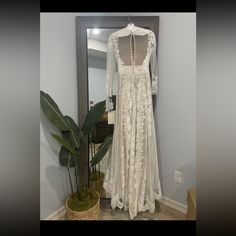 a white wedding dress hanging on a wall next to a potted plant and mirror