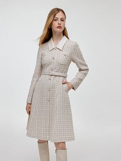 Wool Blend Tweed Patchwork Lapel Women Midi Dress With Belt Tweed Patchwork, Tweed Fashion, Modern Cheongsam, Understated Luxury, Half Skirt, Mini Robes, Wool Turtleneck, Dress With Belt, Long Sleeve Short Dress