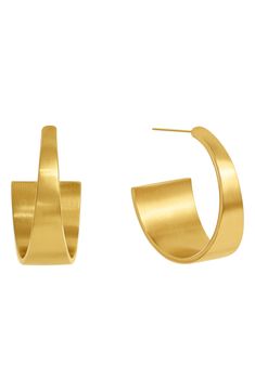 With fluid, tapered silhouettes and a gently brushed surface, these minimalist earrings have striking impact. 7/8" drop; 1/2" width 22k-gold plate Imported Modern Hammered Hoop Earrings For Formal Events, Modern Hammered Hoop Earrings For Formal Occasions, Modern Gold Hammered Hoop Earrings, Minimalist Gold Jewelry With Brushed Finish, Modern Gold Wrap Earrings For Formal Occasions, Gold Small Hoop Contemporary Earrings, Modern Gold Jewelry With Matte Finish, Modern Matte Finish Gold Jewelry, Modern Brass Wrap Earrings