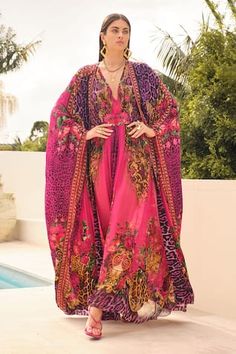 Purple and pink long printed kaftan in chiffon base highlighted with hand applied crystals. Paired with a long viscose silk cape. - Aza Fashions Kaftan Pattern, Purple Cape, Cape For Women, Silk Cape, Purple Princess, Pink Cape, Long Cape, Long Kaftan, Capes For Women