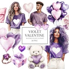 watercolor valentine's day clipart with two people holding balloons, a teddy bear and other items