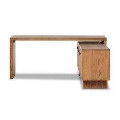 a wooden desk with two drawers on the top and one drawer open to reveal something