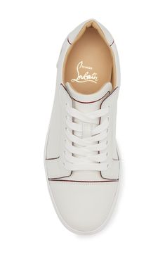 A signature logo details the heel counter and Louboutin red-inset at the sole of this leather sneaker trimmed with contrast piping. Lace-up style removable insole Wipe with a soft, dry cloth and store in a dust bag Leather upper and lining/synthetic sole Made in Italy Designer Shoes Classic Low-top Sneakers With Red Sole, Luxury White Calf Leather High-top Sneakers, Red Sole Low-top Calf Leather Sneakers, Low-top Calf Leather Sneakers With Red Sole, Luxury Lace-up High-top Sneakers With Contrast Sole, Classic High-top Sneakers With Red Sole, Classic High-top Sneakers With Branded Heel Counter, Classic High-top Sneakers With Contrasting Heel Counter, Luxury Calf Leather High-top Sneakers With White Sole