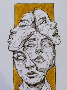 a drawing of a woman's face in black and white with gold foil on it