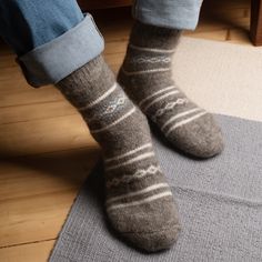 Properties: Wear them as: ✨ Ultra Warm ✨ Slipper socks ✨ Odor Resistant ✨ Camping socks ✨ Wick Moisture ✨ Sleeping socks ✨ Thermoregulating ✨ Lounge wear About this Pattern: Our crew-length goat wool socks will become your go-to choice for comfort whether you're looking for hiking, lounging, or sleeping socks. These versatile socks feature a traditional design with a pop of blue, allowing for easy matching with your winter ensemble. Elevate your daily routines or outdoor adventures with the idea Wool Socks Aesthetic, Granola Socks, Sleeping Socks, Camp Socks, Socks Aesthetic, Flower Socks, Hand Knit Socks, Warm Slippers, Knitted Socks